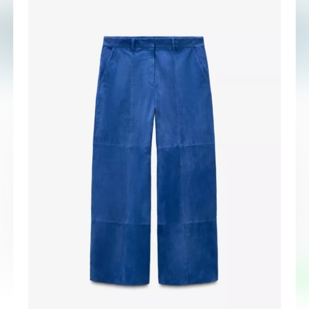 Zara Limited Edition 100% Suede Leather Blue High Rise Wide Led Pants